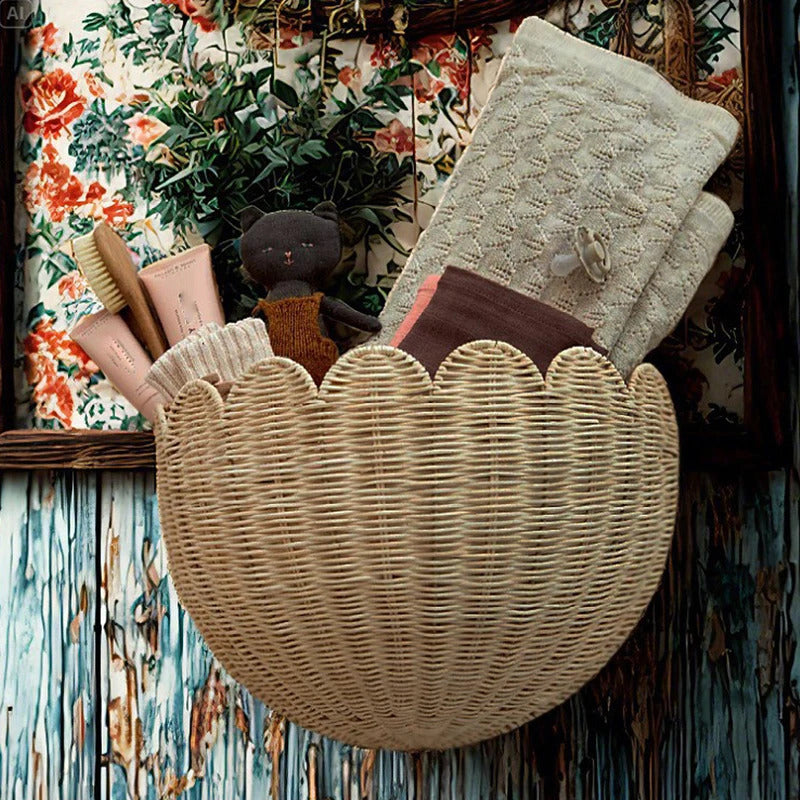 Natural Rattan Handwoven Wall Hanging Basket Storage Organizer - Side View